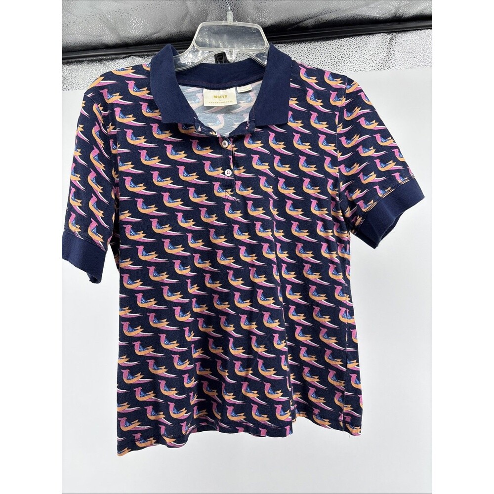 Maeve By Anthropologie Springtime Bird Print Preppy Polo Shirt Blue Size L